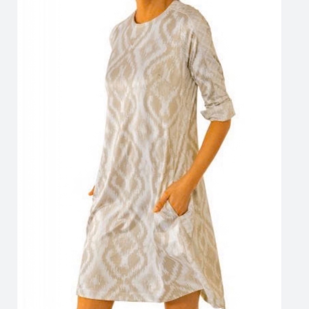 Gretchen Scott Long Sleeve Geometric Pattern Swinger Dress Kitt Ikat Khaki XS